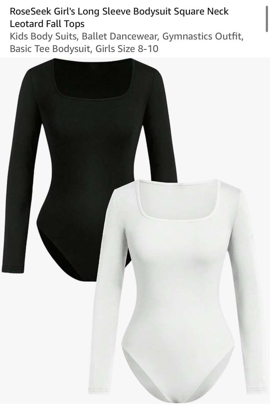 RoseSeek Girl's Long Sleeve Bodysuit Square Neck Leotard, Black and White, 2-Pac